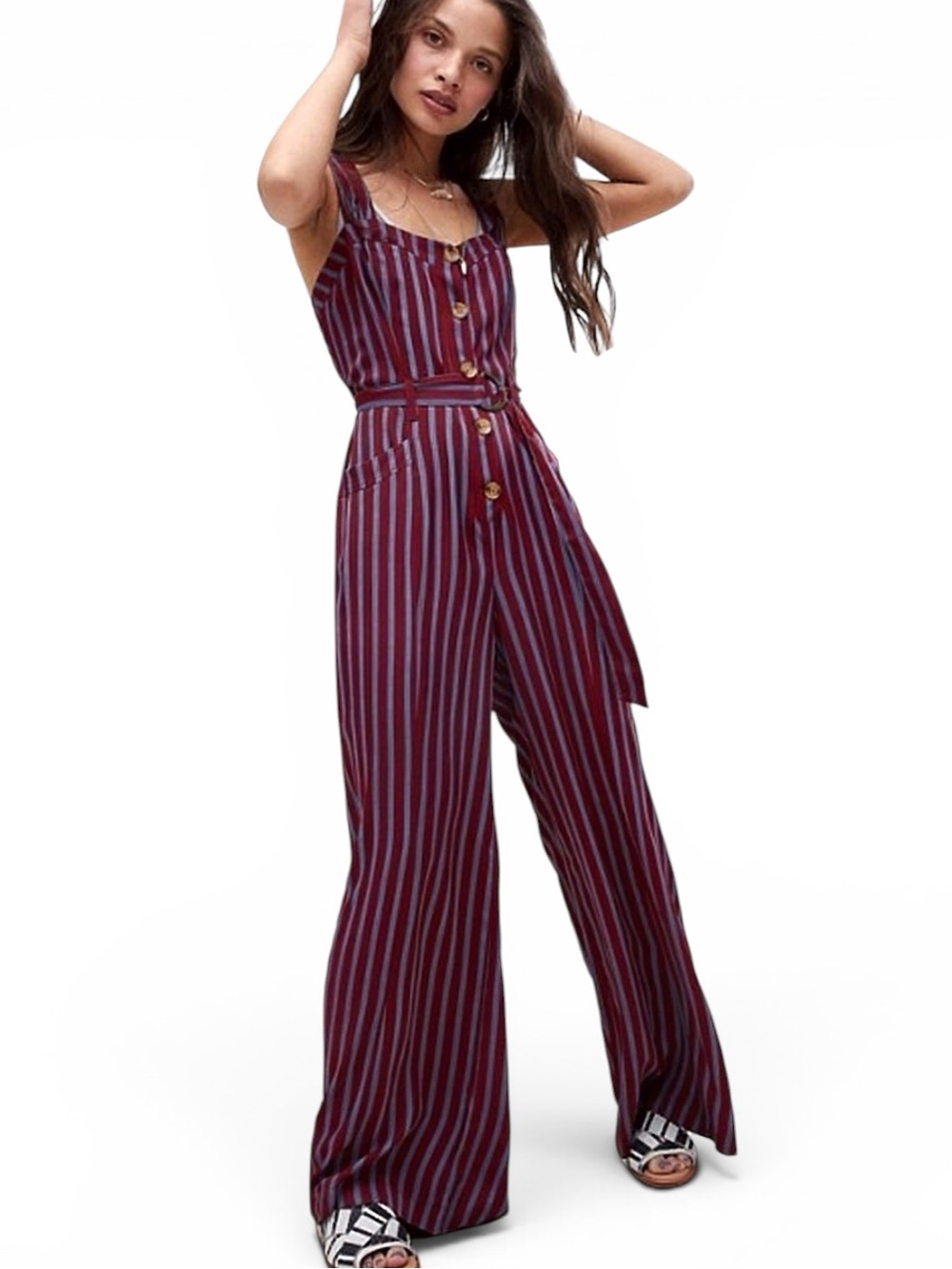 Free People Fabulous City Girl Jumpsuit Wine Striped Button Front Smocked Size 6